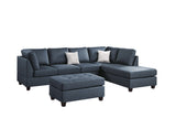 Contemporary 3pc Reversible Sectional Sofa Set W/ Ottoman Dark Blue Dorris Fabric Cushion Sofa Chaise Ottoman Couch Pillows