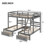 Grey Full over Twin & Twin Bunk Bed,Triple Bunk Bed with Drawers