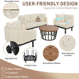 Modern 4-Piece Outdoor Iron Frame Conversation Set, Patio Chat Set with Acacia Wood Round Coffee Table for Backyard, Deck, Poolside, Indoor Use, Loveseat+Arm Chairs, Beige