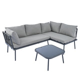 3-Piece PE Rattan Sofa Set All Weather Patio Metal Sectional Furniture Set with Cushions and Glass Table for Backyard, Poolside, Garden, Gray,L-Shaped