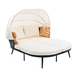 Patio Daybed with Retractable Canopy, Outdoor Rattan PE Wicker Back Loveseat Sofa Set with Throw Pillows and Cushions for Backyard, Poolside, Garden, Beige