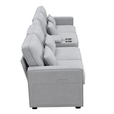 Upholstered Sofa with Console, 2 Cupholders and 2 USB Ports Wired or Wirelessly Charged, Modern Linen Fabric Couches with 4 Pillows