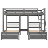 Grey Full over Twin & Twin Bunk Bed,Triple Bunk Bed with Drawers