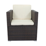 11 Piece patio Wicker Conversation Set, 10 Seater Patio Sectional Set with 3 Storage Box Under Seat Brown Wicker + White Cushion