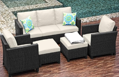 5 Piece Patio Furniture Wicker Conversation Set, Black / Off White