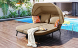 Patio Daybed with Retractable Canopy, Outdoor Rattan PE Wicker Back Loveseat Sofa Set with Throw Pillows and Cushions for Backyard, Poolside, Garden, Brown