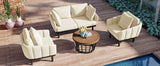 Modern 4-Piece Outdoor Iron Frame Conversation Set, Patio Chat Set with Acacia Wood Round Coffee Table for Backyard, Deck, Poolside, Indoor Use, Loveseat+Arm Chairs, Beige