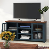 Devine 67 inch TV Stand Console for TVs up to 80 inches, No Assembly Required, Blue Denim and Whiskey Finish