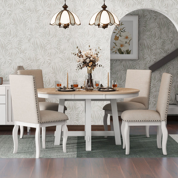 5-Piece Farmhouse Dining Table Set Wood Round Extendable Dining Table