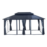 12x18ft Hardtop Gazebo with Nettings and Curtains, Heavy Duty Double Roof Galvanized Steel Outdoor Combined of Vertical Stripes Roof for Patio, Backyard