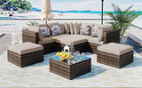 8-piece Outdoor Wicker Sofa Set, Rattan Sofa Lounger, With Colorful Pillows, Conversation Sofa, For Patio, Garden, Deck, Brown Wicker, Beige Cushion