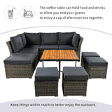 Patio Furniture Set, 10 Piece Outdoor Conversation Set, CoffeeTable with Ottomans, Solid wood coffee table