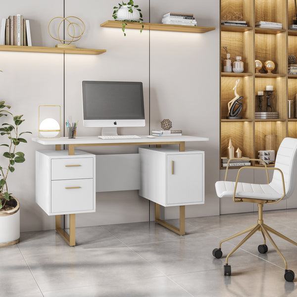 White and Gold Desk for Office with Drawers & Storage