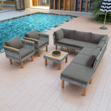 9-Piece Patio Rattan Furniture Set, Outdoor Conversation Set With Acacia Wood Legs and Tabletop, PE Rattan Sectional Sofa Set with Coffee Table, Washable Cushion, Gray