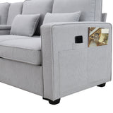 Upholstered Sofa with Console, 2 Cupholders and 2 USB Ports Wired or Wirelessly Charged, Modern Linen Fabric Couches with 4 Pillows