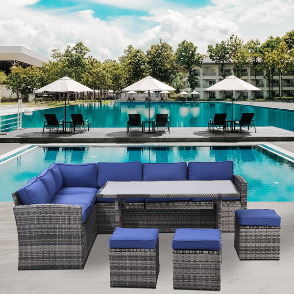 Outdoor Patio Furniture Set,7 Pieces Outdoor Sectional Conversation Sofa with Dining Table,Chairs and Ottomans,All Weather PE Rattan and Steel Frame,With Backrest and Removable Cushions(Grey+Blue)