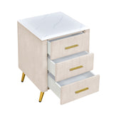 Beige Upholstered Wooden Nightstand with 3 Drawers