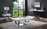 Coffee Table, White Printed Faux Marble & Mirrored Silver Finish