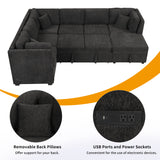 Sectional Sofa Pull out Sofa Bed with Two USB Ports, Two Power Sockets, Three Back Pillows and a Storage Chaise for Living Room, Black