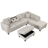 Sectional Sofa with Storage Ottoman, L-Shape Couch with 2 Pillows and Cup Holder,Sectional Sofa with Reversible Chaise for Living Room,Light Gray