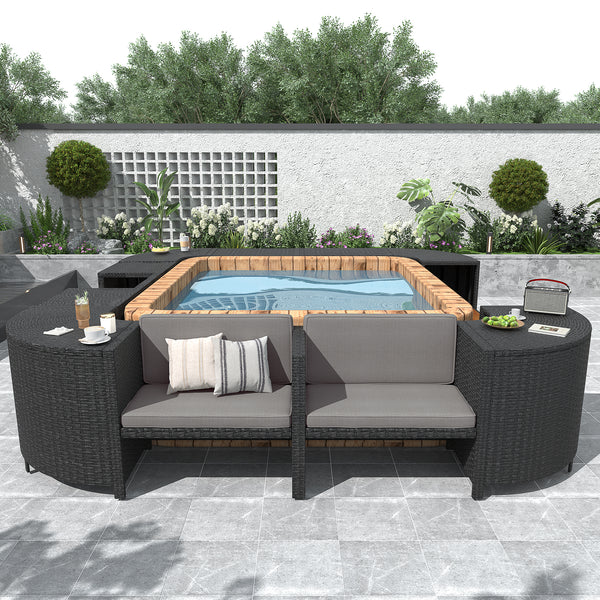 Spa Surround Spa Frame Quadrilateral Outdoor Rattan Sectional Sofa Set with Mini Sofa, Wooden Seats and Storage Spaces, Grey