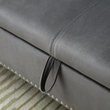 Grey Velvet Multifunctional Storage Rectangular Sofa Stool Buttons Tufted Nailhead Trim