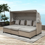 4 Piece UV-Proof Resin Wicker Patio Sofa Set with Retractable Canopy, Cushions and Lifting Table,Brown