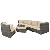 Patio Furniture Set, 6 Piece Outdoor Conversation Set All Weather Wicker Sectional Sofa with Ottoman and Cushions and Small Trays