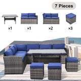 Outdoor Patio Furniture Set,7 Pieces Outdoor Sectional Conversation Sofa with Dining Table,Chairs and Ottomans,All Weather PE Rattan and Steel Frame,With Backrest and Removable Cushions(Grey+Blue)