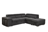 Pull Out Sectional Sofa with Adjustable Headrest Sleeper with Storage Ottoman