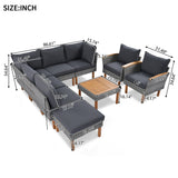 9-Piece Patio Rattan Furniture Set, Outdoor Conversation Set With Acacia Wood Legs and Tabletop, PE Rattan Sectional Sofa Set with Coffee Table, Washable Cushion, Gray