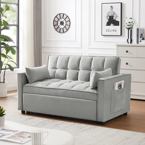 Gray Modern Velvet Loveseat Sofa Couch w/Pullout Bed