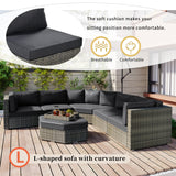 Patio Furniture Set, 6 Piece Outdoor Conversation Set All Weather Wicker Sectional Sofa with Ottoman and Cushions and Small Trays