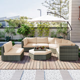 6 Piece Outdoor Conversation Set All Weather Wicker Sectional Sofa with Ottoman and Cushions and Small Trays