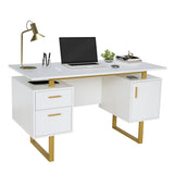 White and Gold Desk for Office with Drawers & Storage