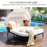 Patio Daybed with Retractable Canopy, Outdoor Rattan PE Wicker Back Loveseat Sofa Set with Throw Pillows and Cushions for Backyard, Poolside, Garden, Beige