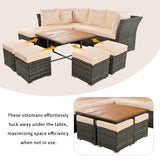 Patio Furniture Set, 10 Piece Outdoor Conversation Set, CoffeeTable with Ottomans, Solid wood coffee table