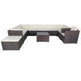 11 Piece patio Wicker Conversation Set, 10 Seater Patio Sectional Set with 3 Storage Box Under Seat Brown Wicker + White Cushion