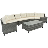 8-pieces Outdoor Wicker Round Sofa Set, Half-Moon Sectional Sets All Weather, Curved Sofa Set With Rectangular Coffee Table, PE Rattan Water-resistant and UV Protected, Movable Cushion, Beige