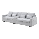 Upholstered Sofa with Console, 2 Cupholders and 2 USB Ports Wired or Wirelessly Charged, Modern Linen Fabric Couches with 4 Pillows