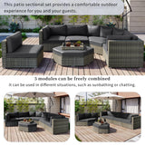 Patio Furniture Set, 6 Piece Outdoor Conversation Set All Weather Wicker Sectional Sofa with Ottoman and Cushions and Small Trays