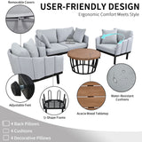 Luxury Modern 4-Piece Outdoor Iron Frame Conversation Set, Patio Chat Set with Acacia Wood Round Coffee Table for Backyard, Deck, Poolside, Indoor Use, Loveseat+Arm Chairs, Gray