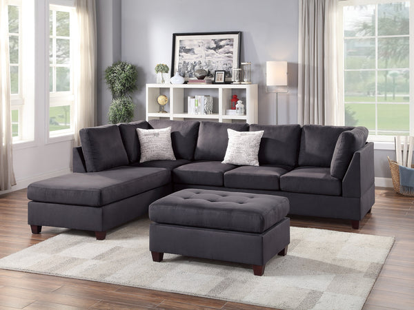 Contemporary 3pc Reversible Sectional Sofa Set W/ Ottoman Ebony Microfiber Cushion Sofa Chaise Ottoman Couch Pillows