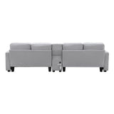 Upholstered Sofa with Console, 2 Cupholders and 2 USB Ports Wired or Wirelessly Charged, Modern Linen Fabric Couches with 4 Pillows