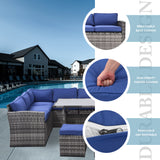 Outdoor Patio Furniture Set,7 Pieces Outdoor Sectional Conversation Sofa with Dining Table,Corner Chairs, Ottomans,All Weather PE Rattan and Steel Frame,With Backrest and Removable Cushions(Grey+Blue)