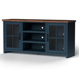 Devine 67 inch TV Stand Console for TVs up to 80 inches, No Assembly Required, Blue Denim and Whiskey Finish