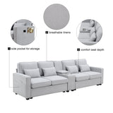 Upholstered Sofa with Console, 2 Cupholders and 2 USB Ports Wired or Wirelessly Charged, Modern Linen Fabric Couches with 4 Pillows