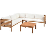 Wood Structure Outdoor Sofa Set with beige Cushions Exotic design Water-resistant and UV Protected texture High quality acacia wood Strong Metal Accessories