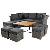 10 Piece Outdoor Conversation Set, CoffeeTable with Ottomans, Solid wood coffee table