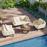 Modern 4-Piece Outdoor Iron Frame Conversation Set, Patio Chat Set with Acacia Wood Round Coffee Table for Backyard, Deck, Poolside, Indoor Use, Loveseat+Arm Chairs, Beige